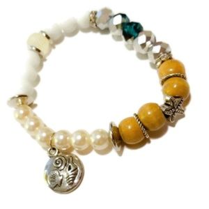 Beaded Pearl and Teal Charm Bracelet